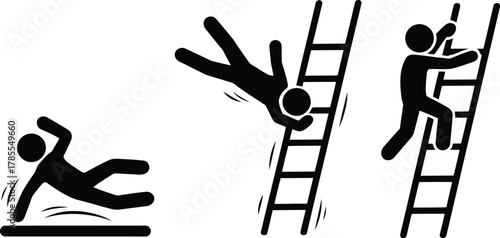 Stick Figure Safety Climbing Ladder, Falling from Ladder, and Slip Hazard Illustration