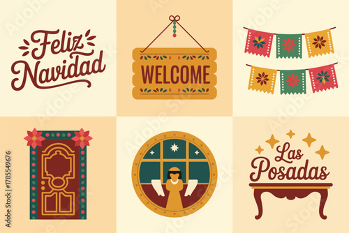 Flat vector icons for Feliz Navidad, showing welcome signs, traditional Mexican door, festive table, and decorative banners,