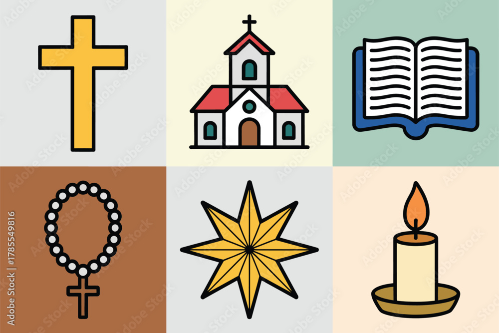 Fototapeta premium Flat vector icons for religious celebration, featuring cross, church, Bible, rosary, guiding star, and burning candle light,