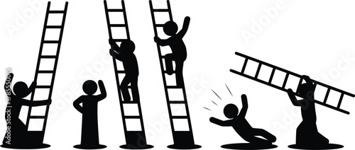 Stick Figures Climbing Ladders with One Falling Success, Risk, and Safety Illustration