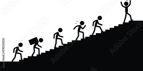 Stick Figures Climbing Staircase to Success, One With a Burden, Celebrating at Top