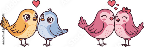 Adorable cartoon love birds couple with hearts, cute pink and blue birds in romantic pose, valentine’s day illustration art
