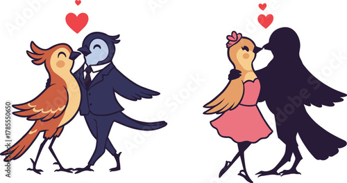 Romantic cartoon love birds kissing, adorable couple illustration, cute male and female birds in suit and dress with heart symbols