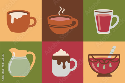 Detailed flat vector icons for festive warm beverages, showing hot cocoa, punch, pitcher, whisk, and creamy whipped topping,