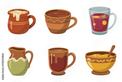 Outline color icons for warm festive drinks, illustrating various mugs of punch, cocoa, cider, and chocolate dipping sauces,