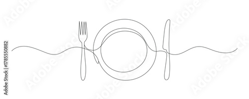 Continuous single line drawing of a plate with fork and knife. Editable stroke