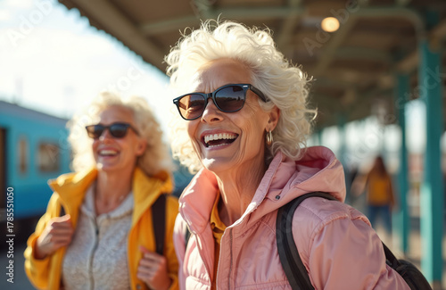 Two mature women smile at train station. Senior ladies ready for holiday travel. Active retirees laugh. Friends on trip enjoy vacation together. Positive emotions and joyful mood fill their journey.