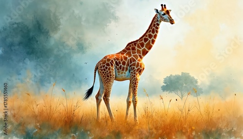 Giraffe stands in grass field with trees in background. Watercolor painting with vibrant colors and dynamic brush strokes. Animal wildlife art with abstract colors and textures.