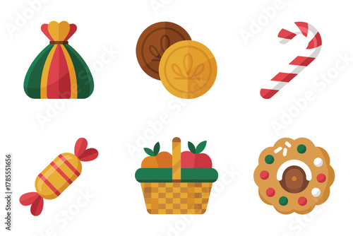 Outline color icons for holiday goodies, illustrating sweet candies, cookies, gift bags, coins, and festive woven basket,