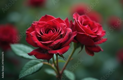 Close photo of two red roses blooming in a garden. The flowers show beautiful details of petals and leaves. Background is blurred with other roses.