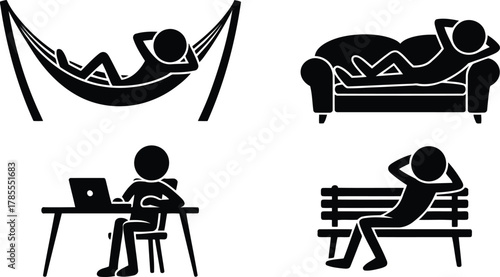 Stick Figures Relaxing Hammock, Couch, Park Bench, and Working at Desk with Laptop