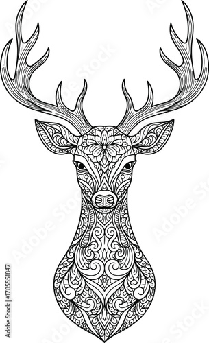 Intricate black and white mandala style deer head illustration with antlers