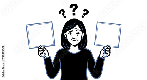 Confused woman holding blank signs with question marks overhead