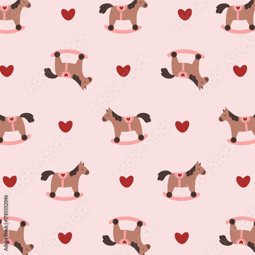 Seamless vector pattern with adorable rocking horses and bold red hearts