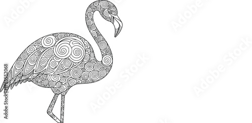 Intricate black and white mandala pattern fills a stylized flamingo silhouette