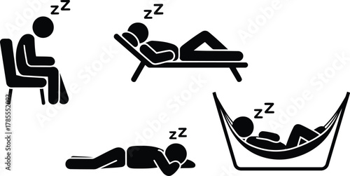 Stick Figures Sleeping in Various Positions Chair, Lounge Chair, on Ground, and Hammock