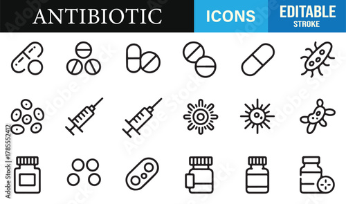 Modern line art drug and treatment illustrations for clinical, hospital, and pharmacy uses