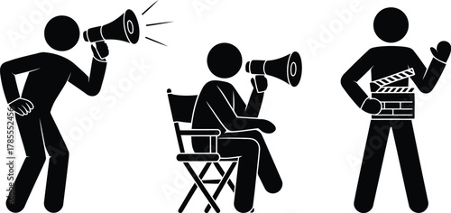 Three Black Stick Figures Director with Megaphone, Filmmaker on Chair, and Clapboard Assistant