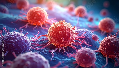 Close-up illustration of cancerous cells, showing cellular structures
