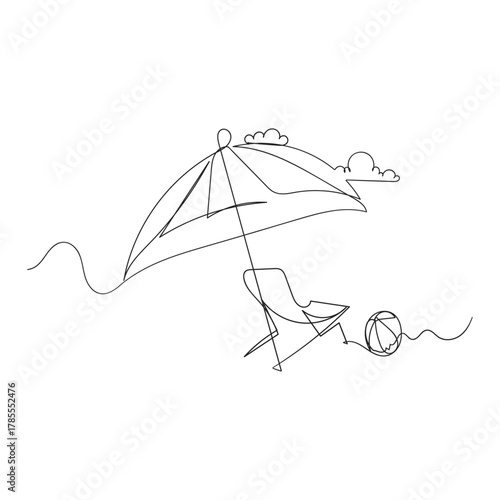 Continuous line drawing of Tropical beach umbrella striped beach chairs and beach ball. Concept of holiday summer vacation and Relaxing on the beach. Isolated on a white background