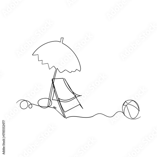Continuous line drawing of Tropical beach umbrella striped beach chairs and beach ball. Concept of holiday summer vacation and Relaxing on the beach. Isolated on a white background