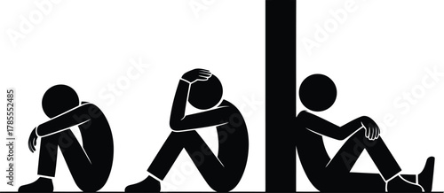 Three Black Stick Figures in Different Poses of Sadness and Isolation on White Background