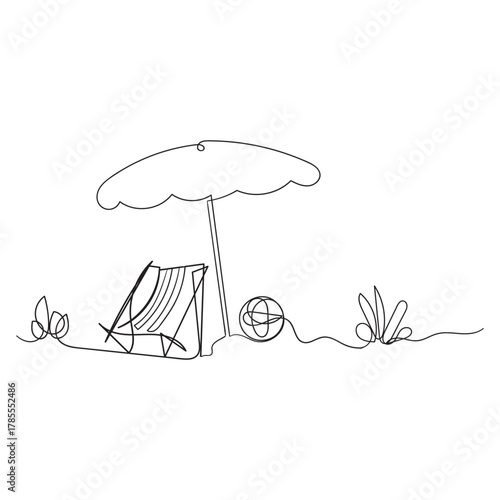 Continuous line drawing of Tropical beach umbrella striped beach chairs and beach ball. Concept of holiday summer vacation and Relaxing on the beach. Isolated on a white background