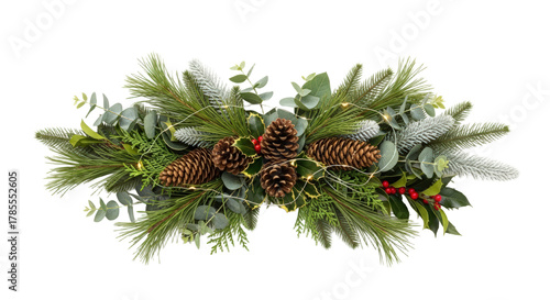 Festive Christmas Garland with Pine Cones Holly Berries and Frosted Greenery Isolated On A transparent Background