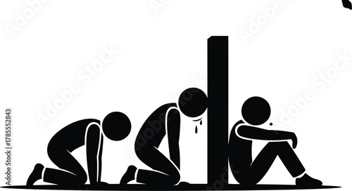 Three Stick Figures Expressing Sadness, Despair, and Depression in Black and White Silhouette Style