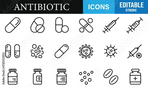 Thin-line medicine symbols including tablets, vials, syringes, and drug packaging