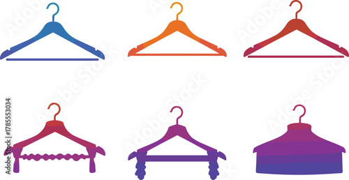 Colorful clothes hanger collection, modern gradient design, plastic and wooden hanger set, fashion closet organization vector illustration, wardrobe storage concept