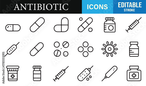 Minimal line art antibiotic icons featuring pills, capsules, syringes, and medicine bottles