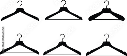 Black clothes hangers set, minimalist wardrobe collection, clothing hanger vector illustration, simple fashion accessory, laundry and closet organization design