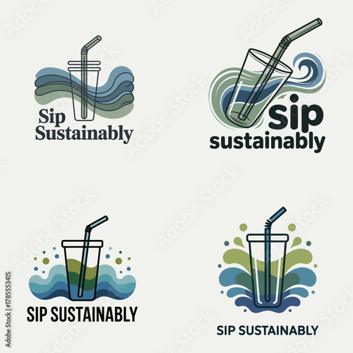 Four sustainable drink cup logos with text Sip Sustainably straw