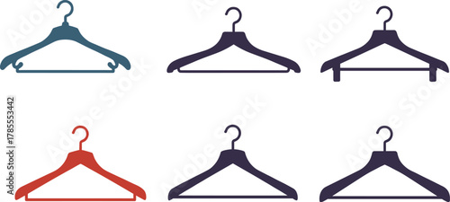 Modern clothes hangers collection, minimalist wardrobe accessories, clothing hanger vector set, laundry and fashion organization tools, simple design illustration