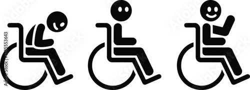 Wheelchair User Icons Progressing from Sadness to Neutrality to Happiness Pictogram Set