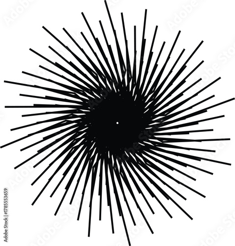 Black abstract radial burst pattern with thin lines radiating from a dark center on a white background