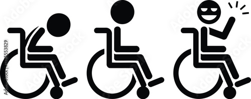 Wheelchair User Progression Showing Sad, Neutral, and Happy Disabled Persons