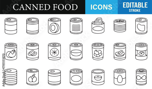 Minimal line art canned food icons featuring vegetables, fruits, fish, and packaged goods