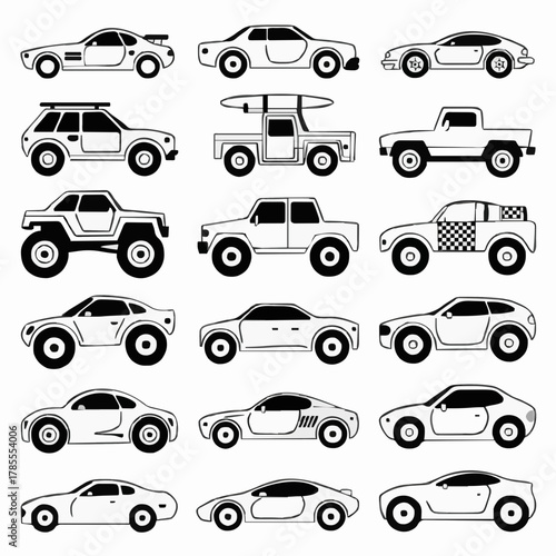 Collection of Outline Vector Icons for Sport Cars, Pickup Trucks, and Off-Road Vehicles