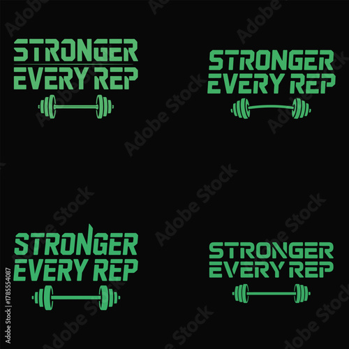 Four variations of STRONGEREVERYREP text with dumbbell graphic in green Keywords