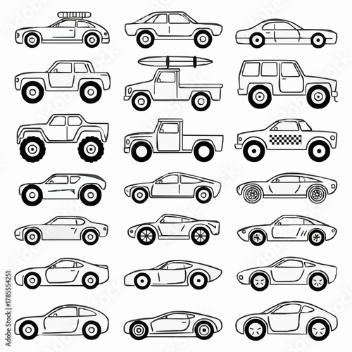 Huge Outline Vector Set of Sport Cars, SUVs, and Pickup Trucks Clip Art