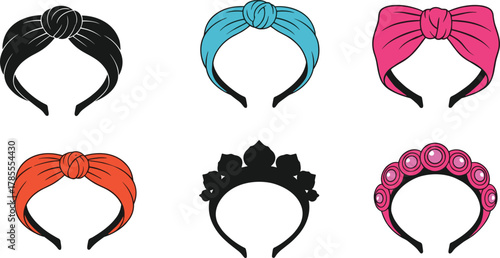 Trendy women headband collection, colorful turban and floral crown hair accessories, elegant modern fashion head wrap vector illustration design