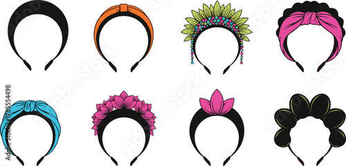 Colorful headband and floral crown collection, stylish women hair accessories, fashion head wrap, elegant decorative hairband vector illustration