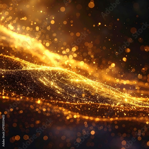 Gold dust river flowing. Sparkle, bokeh, light, abstract