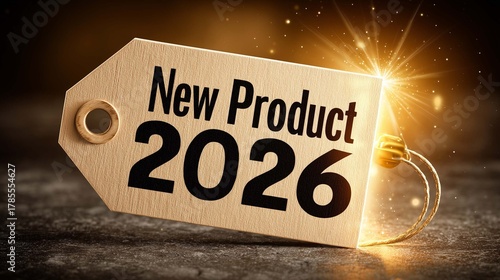 New Product 2026 wooden price tag with golden light sparkle effects for retail marketing announcement merchandise launch and upcoming year commercial release promotion