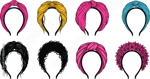 Colorful headband and turban hair accessory collection, fashionable women hairstyle design, floral, braided, and knotted style vector illustration