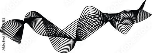 Black Wavy Ribbon Abstract Shape with Parallel Lines on White Background curve