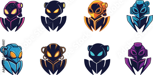 Colorful futuristic robot head mascot collection, modern cyber character logo set, technology inspired AI avatar vector illustration design