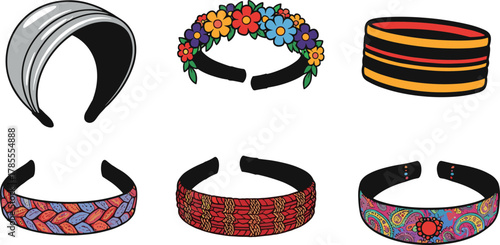 Colorful decorative headband collection with floral, striped, woven, and paisley patterns, stylish fashion hair accessories vector illustration on white background